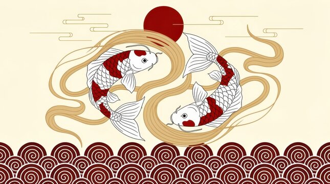 Two stylized koi fish swimming in a circular motion with a red sun background. Traditional Japanese illustration featuring wave patterns and golden water swirls. Zen balance and harmony art concept.