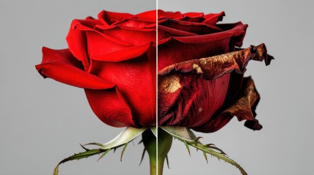Fresh red rose contrasted with a withered dying rose. Macro split-screen shot showing the life cycle of a flower against a neutral grey background. Concepts of aging, time, and ephemeral beauty.