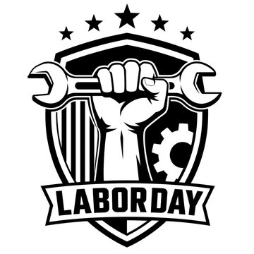 Labor Day industrial emblem, fist holding wrench on shield, vintage black and white worker logo with stars and gear