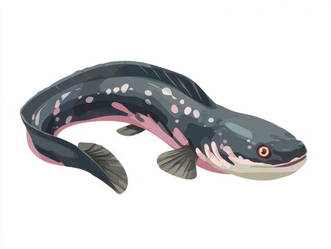 Pixel Art Illustration Of A Dark Grey Snakehead Fish Swimming Isolated On White Background
