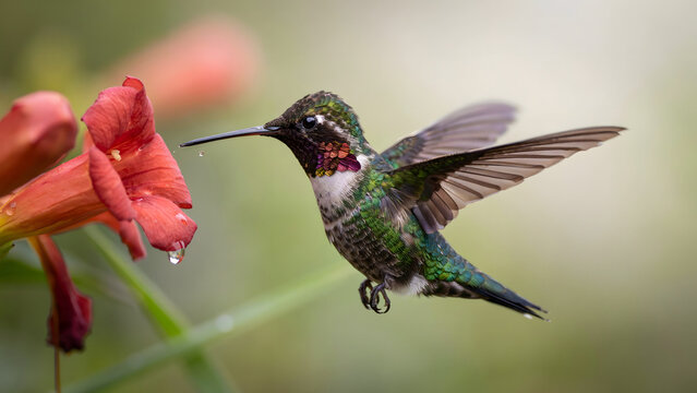 A hummingbird with shimmering green and red feathers hovering near a vibrant orange flower with a water droplet hanging from the petal