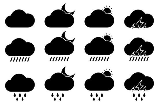 Black vector icon set featuring 12 different weather cloud symbols including rain, lightning, sun, and moon isolated on a white background.