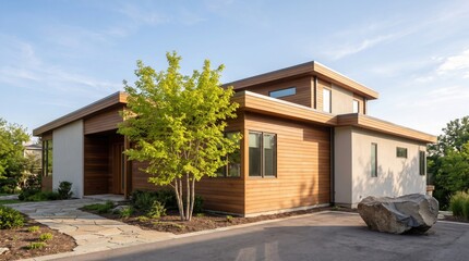 Fototapeta premium Modern Single-Story House with Wood Siding and Boulder Landscaping, Contemporary Real Estate Concept