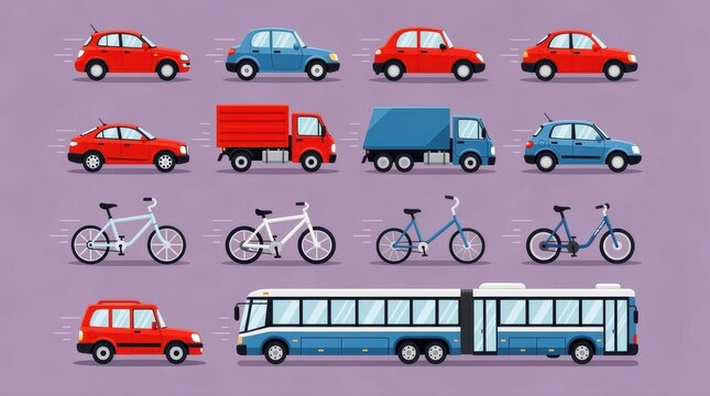 Collection of city vehicles including cars, trucks, bicycles, and a bus. Flat vector illustration featuring diverse urban transportation modes. Sustainable mobility concept for city planning.