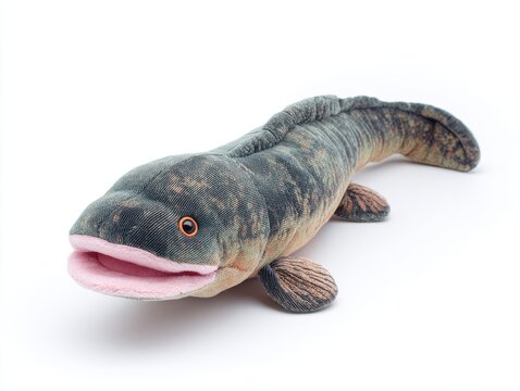 Plush Snakehead Fish Toy With Realistic Pattern And Pink Mouth Isolated On White Background