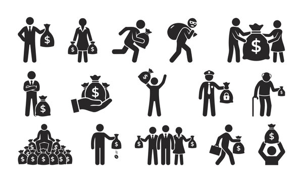 Money Bag and Wealth Business Finance Silhouette Icons Set for Banking and Investment