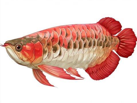 Red Arowana Fish With Vibrant Scales Swimming Isolated On Pure White Background
