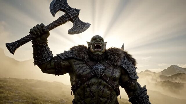 Fierce Fantasy Orc Warrior Roaring with Battle Axe Outdoors