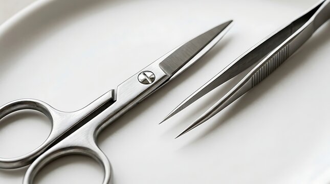 Close-up view of shiny metal scissors and precision tweezers on a clean white surface.