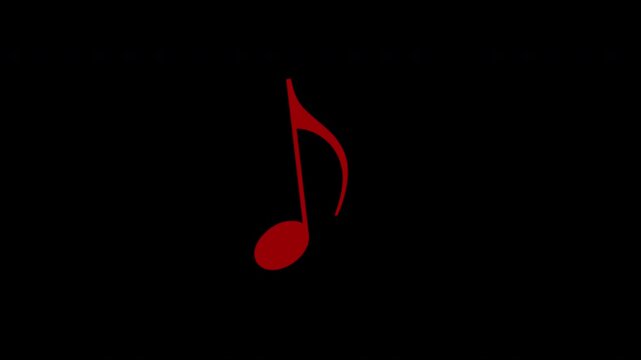 Music note animation on black background. Animated red color music icon 4K Resolution.
