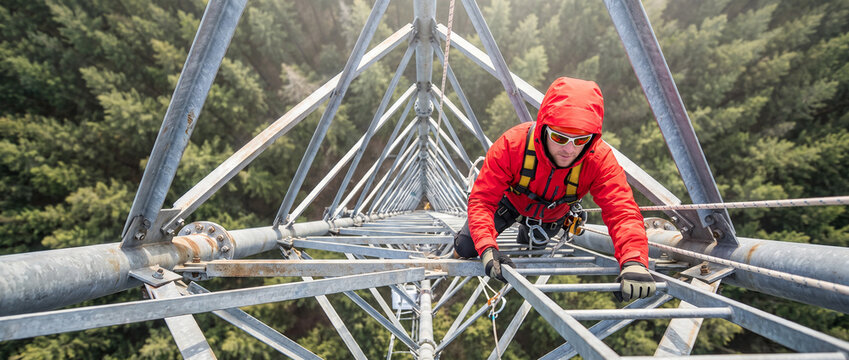 Professional Technician Wearing Safety Harness Climbing High Metal Electricity Transmission Tower