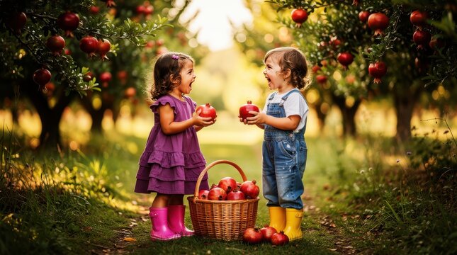 Two young children laughing while holding fresh pomegranates in a sunny orchard. Girls standing by a basket of ripe fruit during harvest. Healthy organic farming concept for family marketing.
