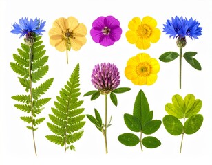 Naklejka premium Colorful wildflowers, blue, yellow, purple flowers with green ferns and leaves, flat lay arrangement on white background