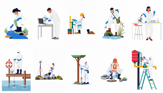 Environmental Scientists and Researchers Conducting Field Work and Laboratory Analysis, Water Sampling, Soil Testing, and Ecological Monitoring Flat Vector Illustration Set