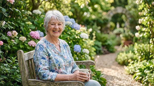 Smiling elderly woman sitting in garden wheelchair