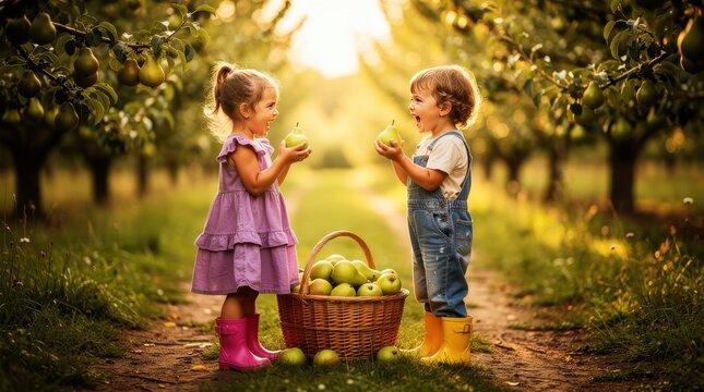 Happy young children holding fresh pears in a sunny orchard. Toddlers standing by a basket of harvested fruit during sunset. Childhood joy theme for healthy living and agriculture marketing.