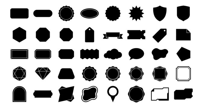 A collection of various black vector shapes and labe badges for professional graphic design and branding projects