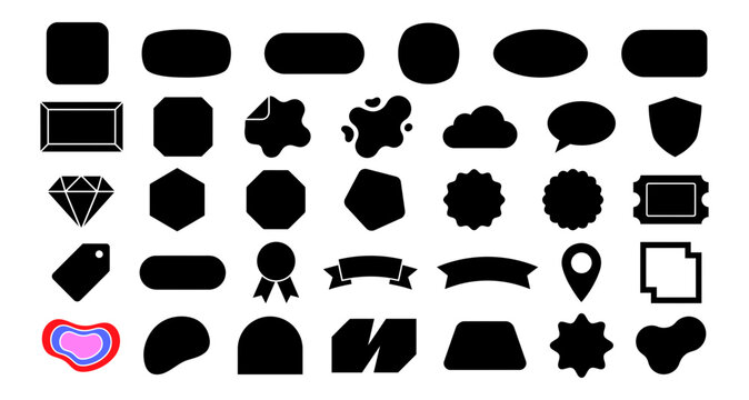 A collection of various black silhouette labe badges and sticker shapes isolated on a white background design