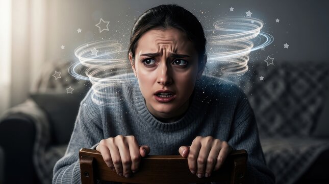 Young woman looking dizzy with swirling light effects around her head. Stunned female clutching chair while experiencing vertigo symptoms. Mental health and disorientation concept for healthcare.
