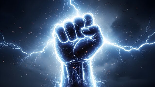 Powerful clenched fist with electric lightning bolts, glowing blue energy hand, dramatic strength and power concept