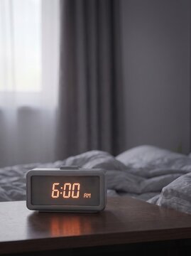 Digital alarm clock at 6 AM in bedroom with copy space. This image symbolizes vertical layout, early wake up time, daily routine, and sleep schedule.
