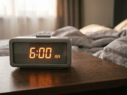 Digital alarm clock displaying 6:00 AM on bedside table. This image symbolizes early morning, wake up time, daily routine, time management, and productivity.