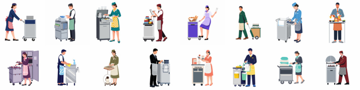 Set of diverse professional service staff characters with trolleys and cleaning carts, including janitors, hospital workers, and food service personnel in flat vector style.