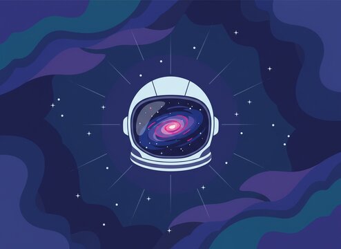 Astronaut Helmet Floating in Deep Space with Spiral Galaxy Reflection - Space Exploration Vector Illustration