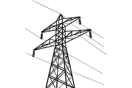 Electricity transmission tower isolated on white background. High voltage pylon with overhead wires in minimalist outline style. Utility graphic for energy, engineering and construction.