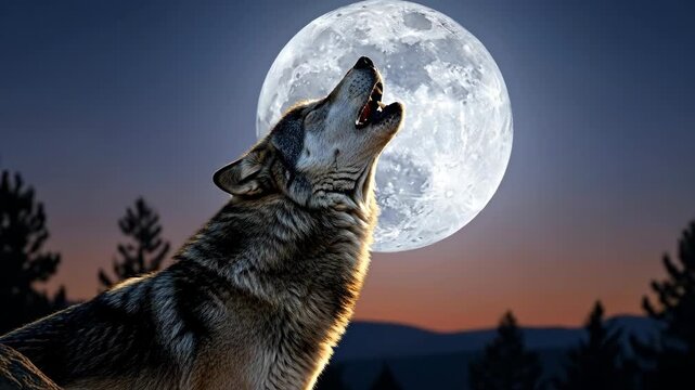 Majestic wolf howling at a bright full moon in a dark, mystical night.