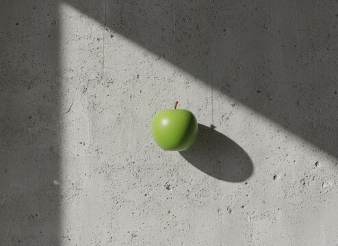 A single green apple hanging by a thin thread against a textured grey concrete wall with harsh natural light and shadow
