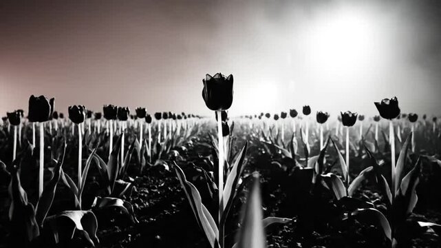 Low angle shot of a tulip field in black and white with dramatic lighting and a moody atmospheric feel.