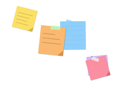 Colorful sticky notes with handwritten text reminders arranged on a flat surface for organization