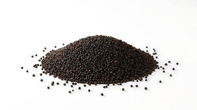 A high-detail, professional studio capture of premium CTC tea granules arranged in a minimalist, organic pile against a clean, bright white background.