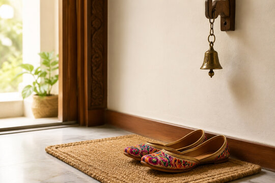 Colorful embroidered jutti shoes on jute mat with brass bell, entryway decor concept