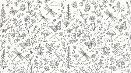 Fototapeta premium Butterflies and dragonflies flutter among the wildflowers in this detailed black and white line drawing.