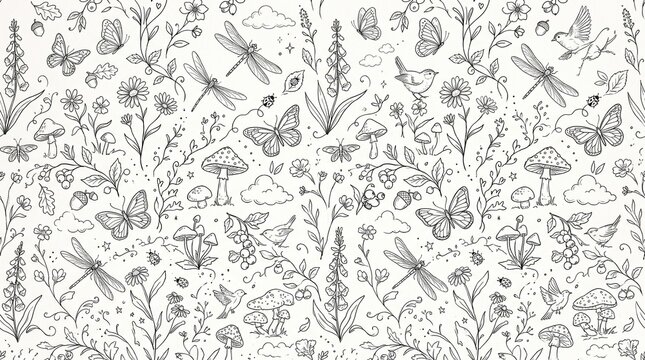 Butterflies and dragonflies flutter among the wildflowers in this detailed black and white line drawing.