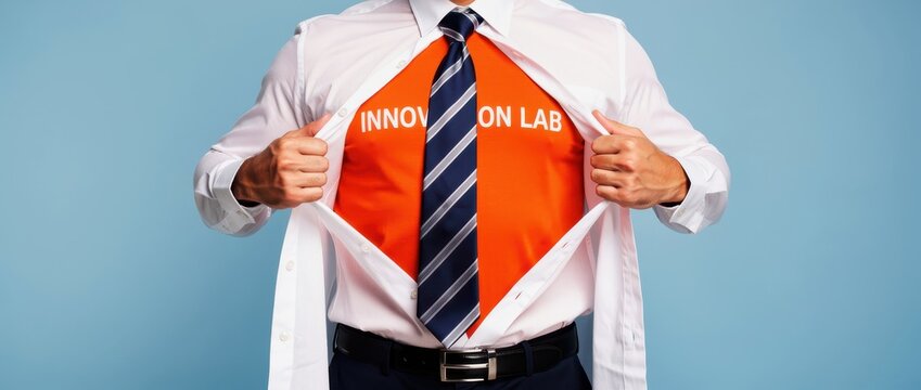 Businessman tearing open shirt revealing orange Innovation Lab t-shirt. Executive showing creative secret identity on blue background. Professional transformation concept for innovation marketing.