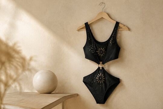 Black cutout monokini on wooden hanger with ceramic sphere, minimalist swimwear fashion concept