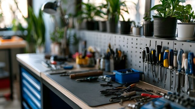 A well organized workshop workbench with hanging tools  potted plants on a pegboard wall  and various hand tools scattered across the surface