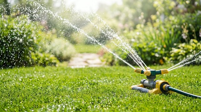 Garden sprinkler spraying water on green grass. Automatic irrigation system watering lawn in sunny backyard. Concept of landscaping, garden maintenance and smart summer yard care technology.