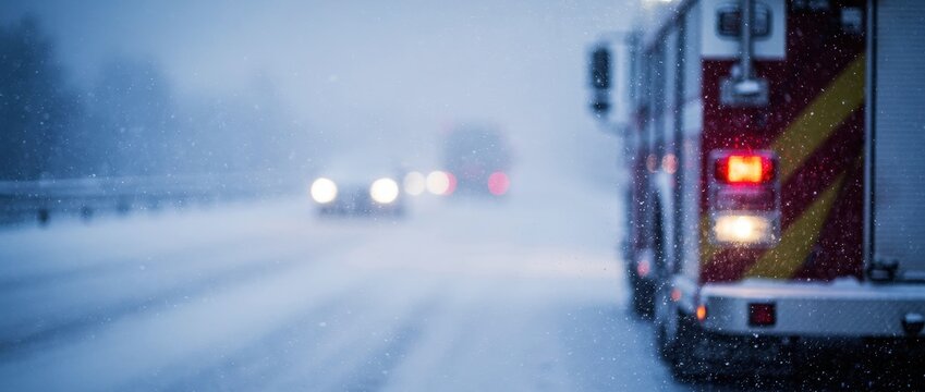 Fire truck parked on a snowy highway during a blizzard. Emergency vehicle responding to a winter accident with traffic. Public safety and hazard concept for news and road safety campaigns.