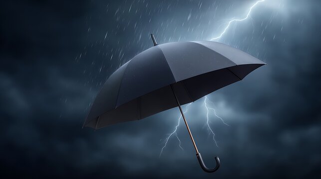 A black umbrella stands strong against a dark stormy sky with heavy rain and lightning