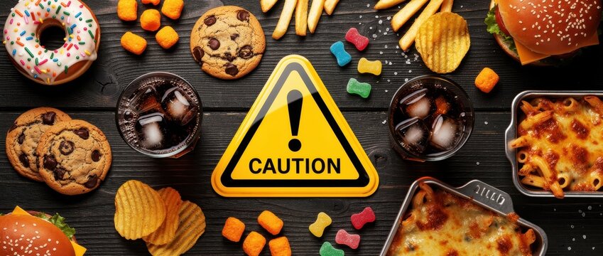 Caution sign surrounded by assorted junk food on dark wood. Includes burger, donut, soda, and fried snacks. Obesity and nutrition health warning concept for dietary education.