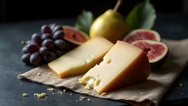 Cu&ntilde;as de queso artesanal curado con uvas, higos frescos y pera sobre servilleta de lino y fondo oscuro