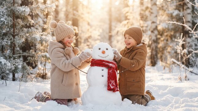 Two happy children building a cute snowman together in a beautiful sunlit winter forest during the holidays