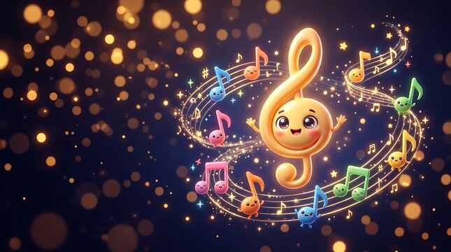 Magical G Clef Illustration, Happy Musical Notes, Golden Bokeh Celebration Background, Enchanted Music Theme