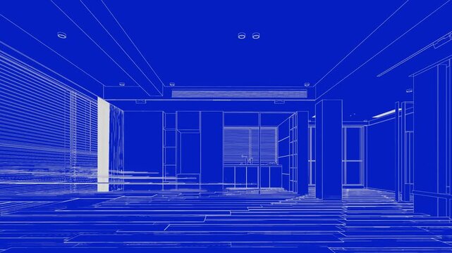 3D blueprint animation showing interior space of modern apartment renovation