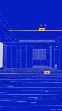 3d blueprint of empty modern kitchen and living room interior with measurements