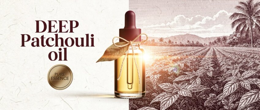 Dropper bottle of patchouli essential oil against a plantation background. Vintage aesthetic design featuring organic essence and botanical fields. Wellness and aromatherapy branding concept.